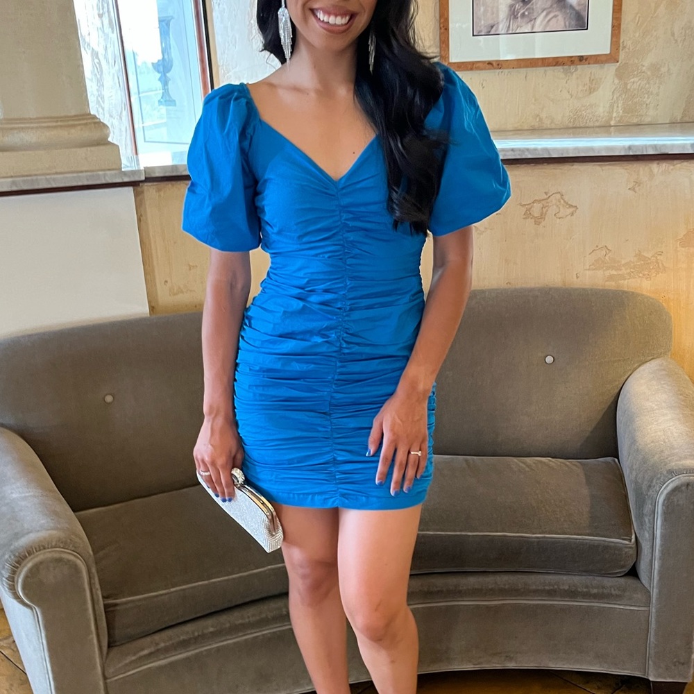 Blue Rushed and Puffed up Sleeve Dress